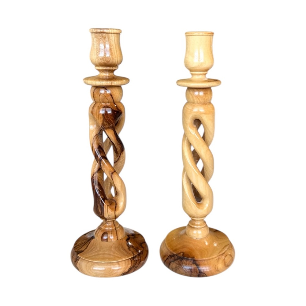 2 Twisted Hand Carved Wood Taper Candlestick Holders Made In Israel Holy Land